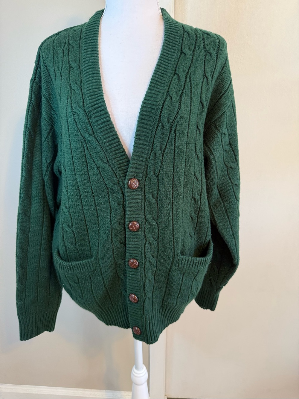 Vintage Towncraft Men's Large Dark Green Cable Knit Button-Front Cardigan